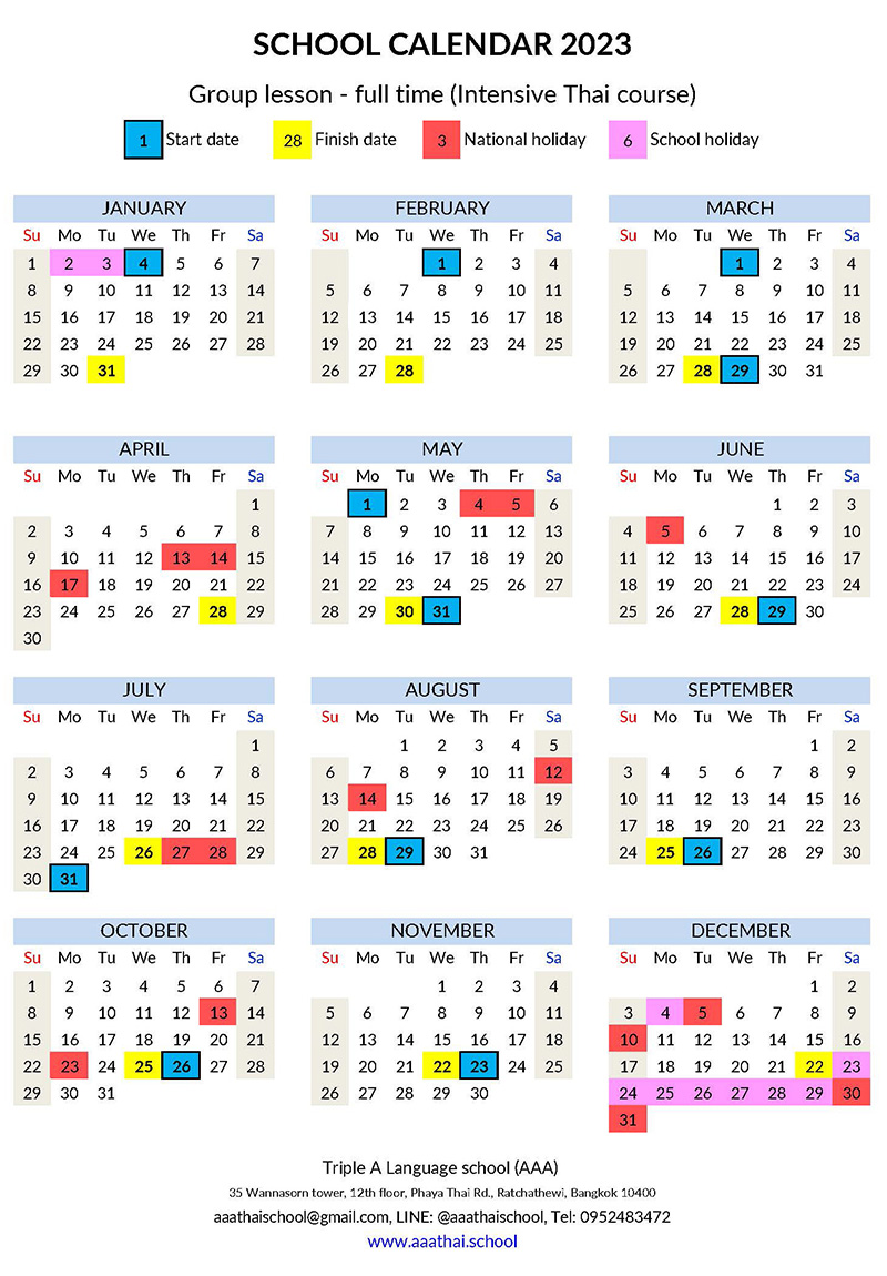 school-calendar-intensive-thai-course